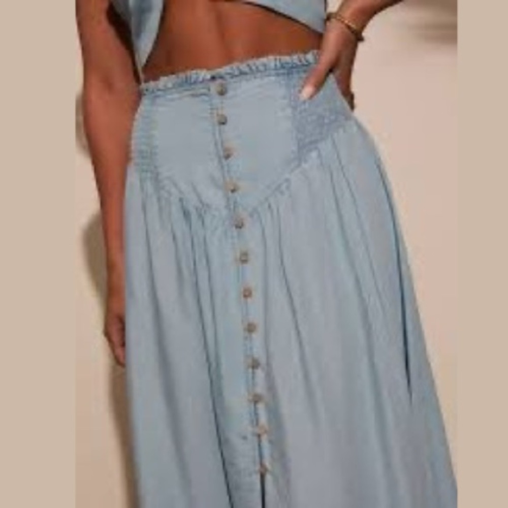 New Chambray Denim Smocked Maxi Skirt - Picture 3 of 8